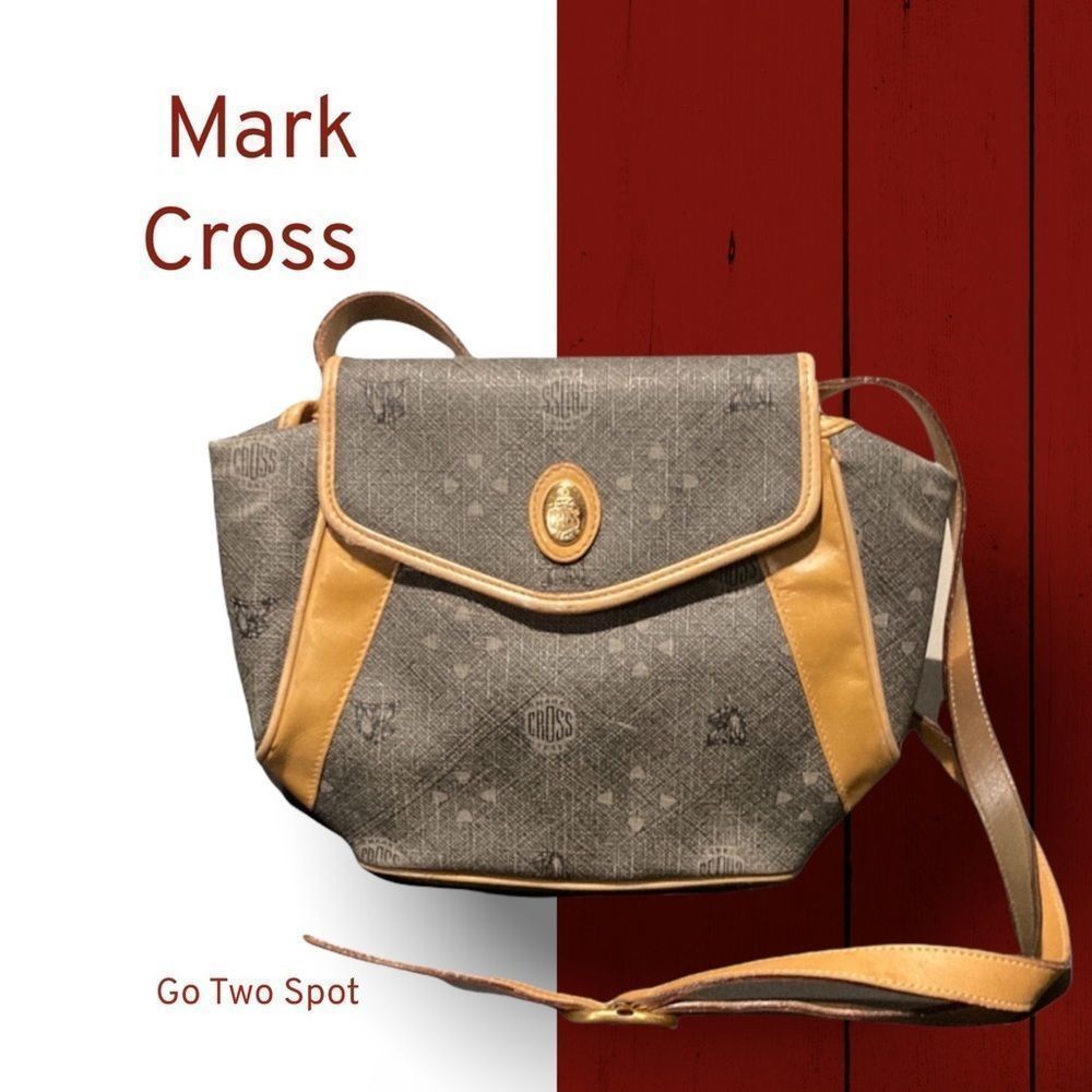 Vintage Mark Cross Made In Italy Signature Logo Bad Grey / Gray And Tan / Brown